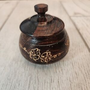 Vintage Handcarved Wooden Spice Jar With Lid and Floral Design Trinket Dish